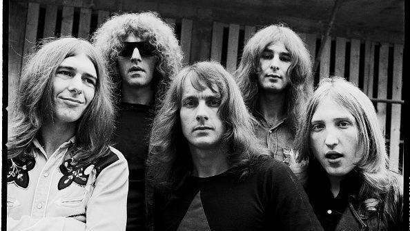 A black and white group portrait of Mott the Hoople, taken in London, in 1971, shows (left to right) Mick Ralphs, Ian Hunter, Verden Allen, Pete Overend Watts and Dale Griffin.