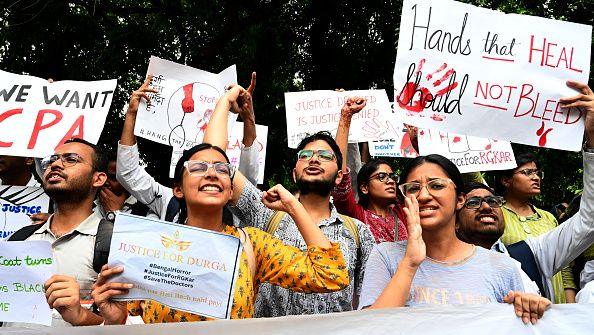 Resident doctors shout slogans protesting in front of the Health Ministry in Delhi, demanding justice for the doctor from Kolkata's RG Kar Hospital, on 19 August, 2024 