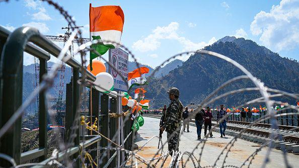 Security personnel deployed near Chenab Bridge, World's highest Rail arch bridge of Indian Railways on Udampur- Srinagar-Baramulla-Rail link project during its media preview in Reasi district, on March 26, 2023