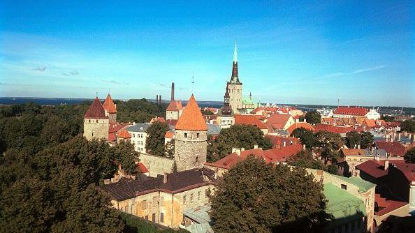 Aerial view of Tallin with blue skies