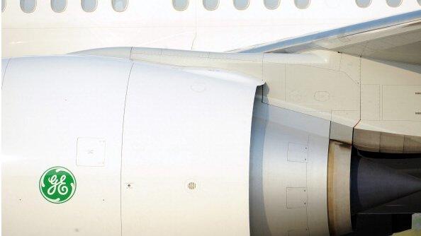 General Electric logo on the side of a plane jet engine