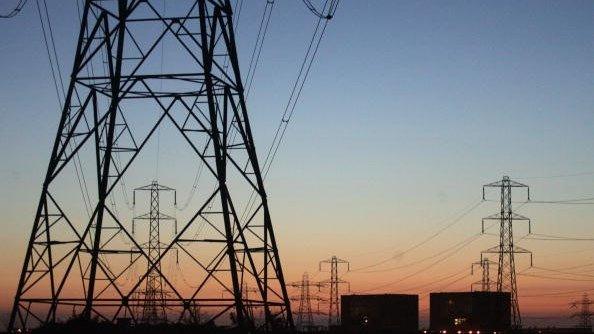 Electricity pylons at dusk