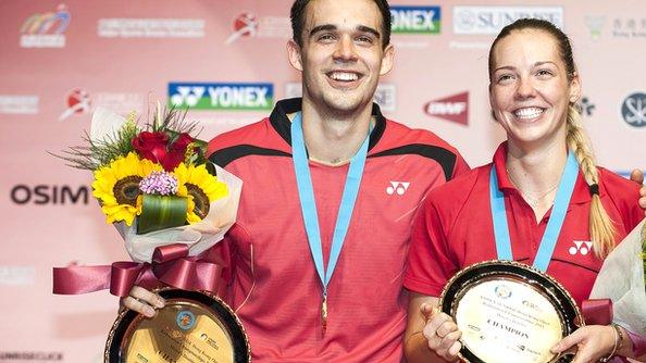 Chris Adcock and Gabby White celebrate their Kong Kong Open win