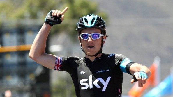 Team Sky rider Geraint Thomas celebrates victory in stage two of the 2013 Tour Down Under