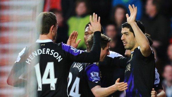 Liverpool striker Luis Suarez celebrates scoring against Southampton