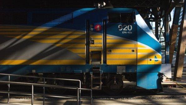 A VIA Rail train engine sits idle at Union Station in Toronto, Ontario, 22 April 2013