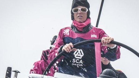 Sam Davies at the wheel of Team SCA's boat in the Volvo Ocean Race