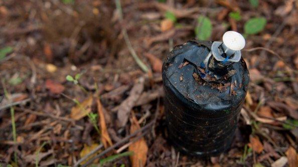 A pressure relief mine is seen in a minefield used for training in Colombia on 14 August, 2013.