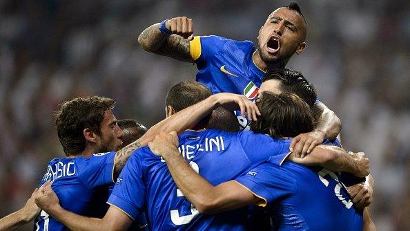 Juventus players celebrate scoring against Real Madrid in the Champions League semi-final