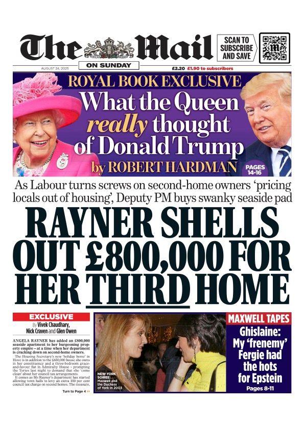 The headline on the front page of the Sunday Mail reads: “Rayner shells out £800,000 for her third home”.