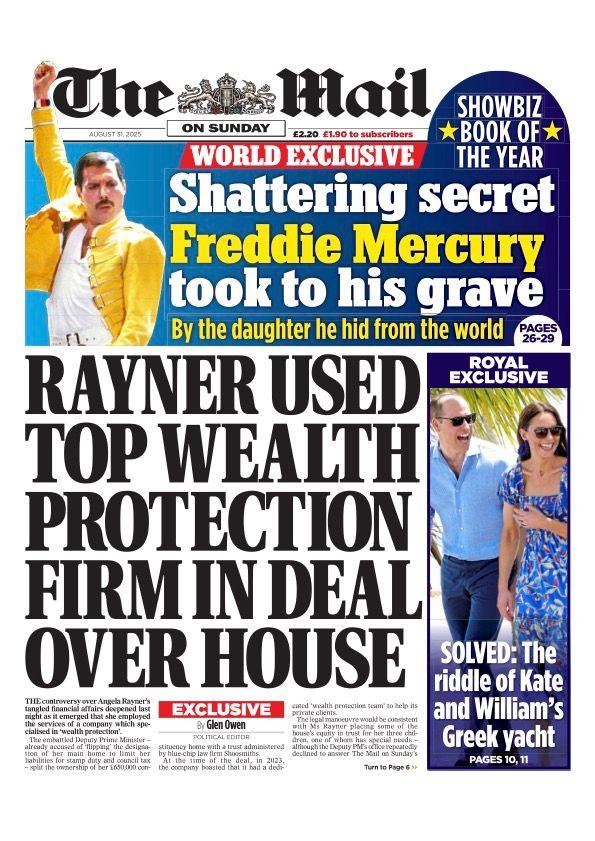 "Rayner used top wealth protection firm in deal over house" reads the headline on the front page of The Mail on Sunday.