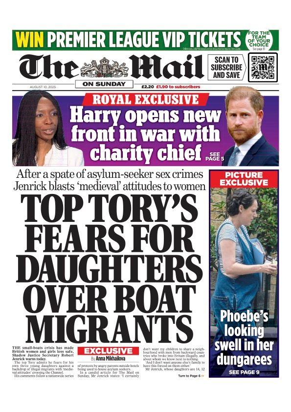 The headline on the front page of the Mail on Sunday reads: "Top Tory's fears for daughters over boat migrants".