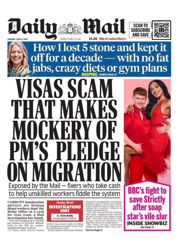 The headline on the front page of the Daily Mail reads: "Visas scam that makes a mockery of PM's pledge on migration".
