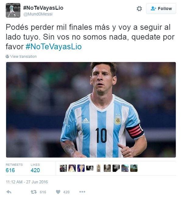 Tweet translated from Spanish reads, 'you can lose thousand more finals and I'll still be on your side. Without you we are nothing, please, stay hashtag Don't Go Lio'.