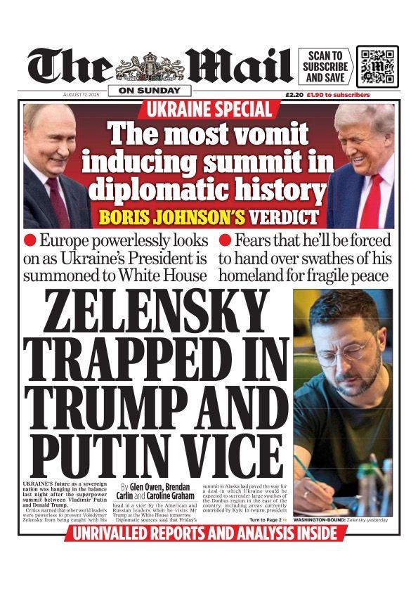 The headline on the front page of the Mail on Sunday reads: "Zelensky is trapped in Trump and Putin vice".