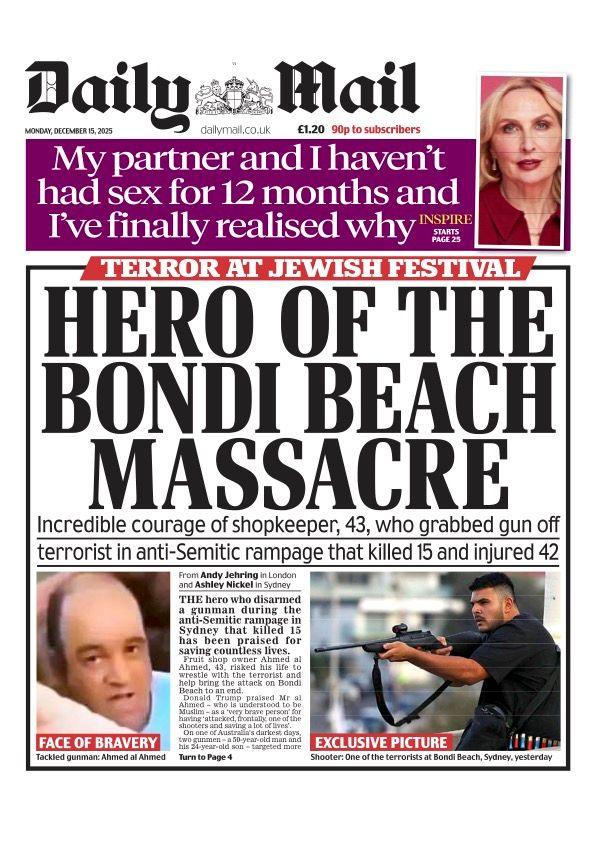 Titulli në faqen e parë të Daily Mail thotë: "Heroi i masakrës së Bondi Beach".
