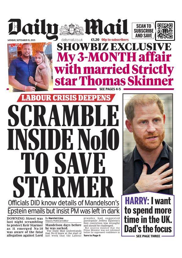 The Daily Mail's lead headline is "scramble inside No 10 to save Starmer".