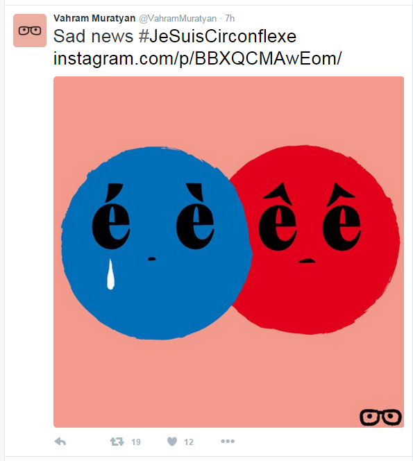 A tweet reads: "Sad news #JeSuisCirconflexe" along with an image of weeping accents