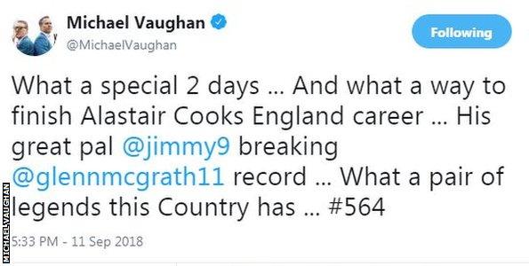 Former England captain Michael Vaughan paid tribute on Twitter