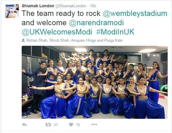 Shaimak London tweet: The team ready to rock @wembleystadium and welcome @narendramodi @UKWelcomesModi #ModiInUK