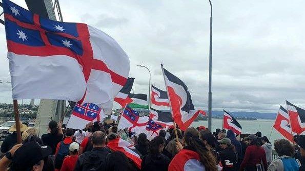 A group of people holding flags is seen walking from behind