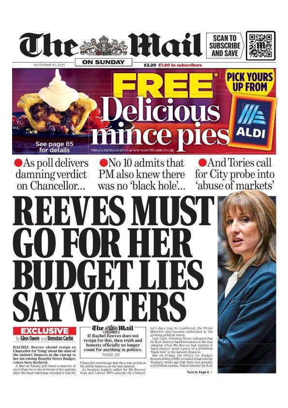 The headline on the front page of the Mail on Sunday reads: "Reeves must go for her budget lies say voters".