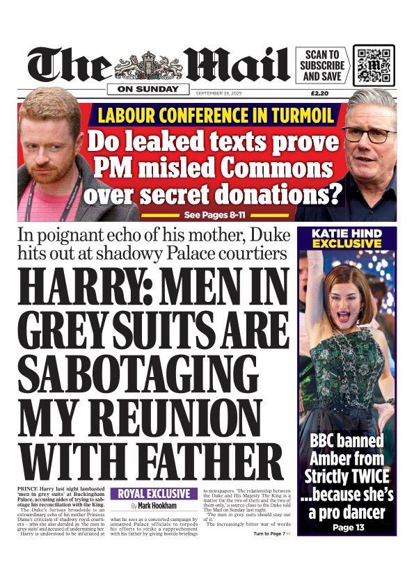 The headline on the front page of the Mail reads: "Harry: Men in greysuits are sabotaging my reunion with father".