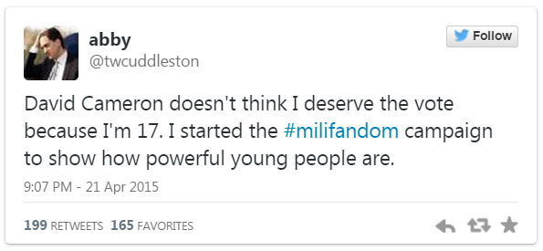 Tweet by a Twitter user called Abby who is a fan of Ed Miliband - 21 April 2015