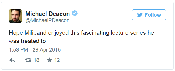 Tweet by Michael Deacon - 29 April 2015