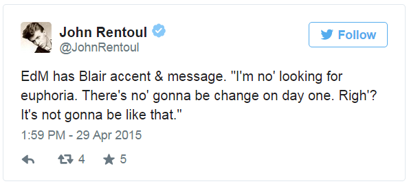 Tweet by John Rentoul - 29 April 2015