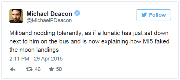 Tweet by Michael Deacon - 29 April 2015