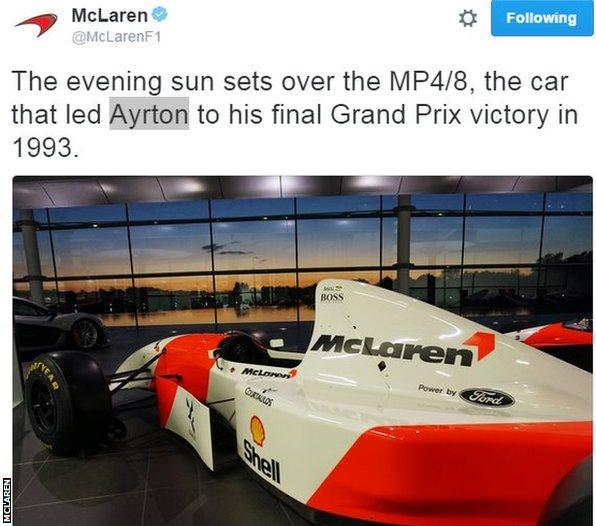 Ahead of the Brazilian Grand Prix, McLaren tweeted an image of the car used by the late Ayrton Senna when he scored his last win in the sport in 1993.