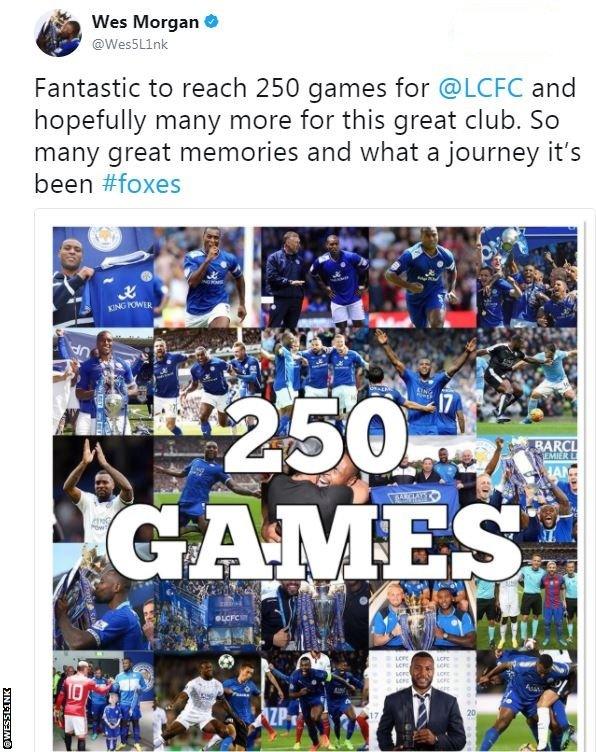 Wes Morgan celebrates 250 games for Leicester with a pictorial compilation tweet
