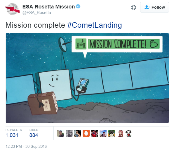 Tweet by @ESA_Rosetta saying mission complete