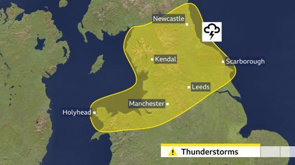 A map showing the Met Office yellow warning area, stretching from Newcastle in the north to Holyhead in the south