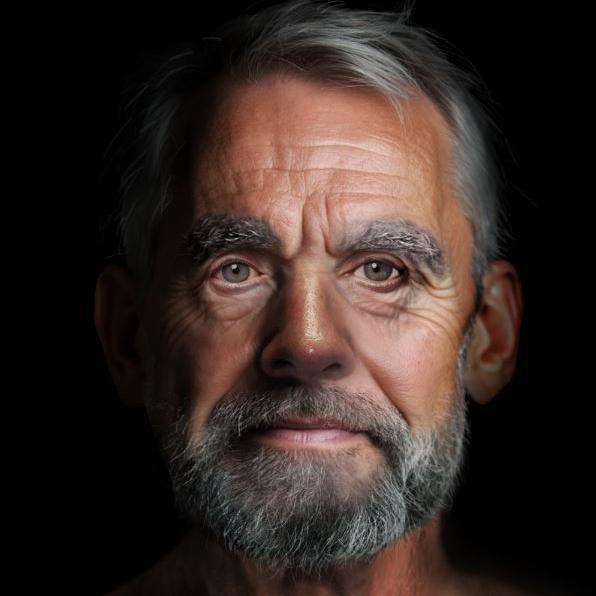 The man has grey hair and grey beard. He has thick eyebrows and tanned skin.