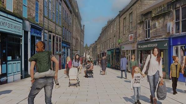 An artist's impression of a pedestrianised street with lots of people walking and some seated on a bench.