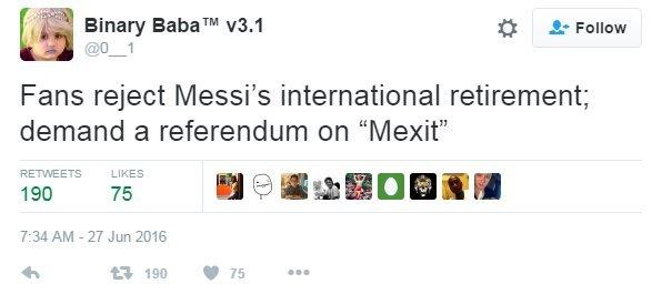 Tweet reads, 'fans reject Messi's international retirement; demand a referendum on "Mexit".