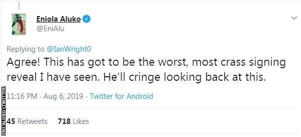 Eniola Aluko responds to Ian Wright's tweet: "This has got to be the worst, most crass signing reveal I have seen. He'll cringe looking back at this."