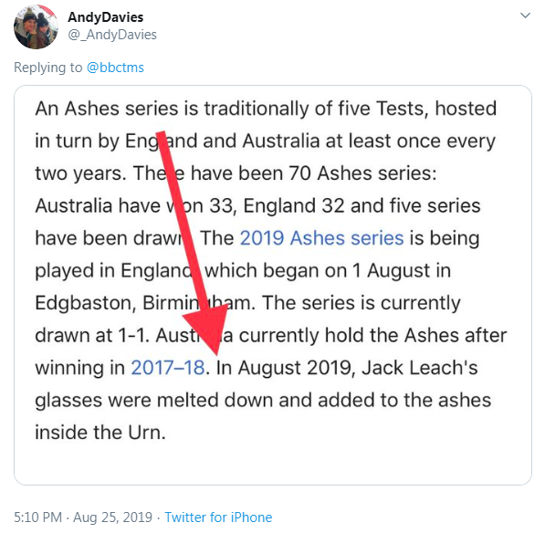 A tweet showing an updated Wikipedia entry on the Ashes