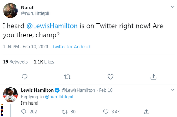 Lewis Hamilton responds "I'm here" to a fan who asks if he was on Twitter right now