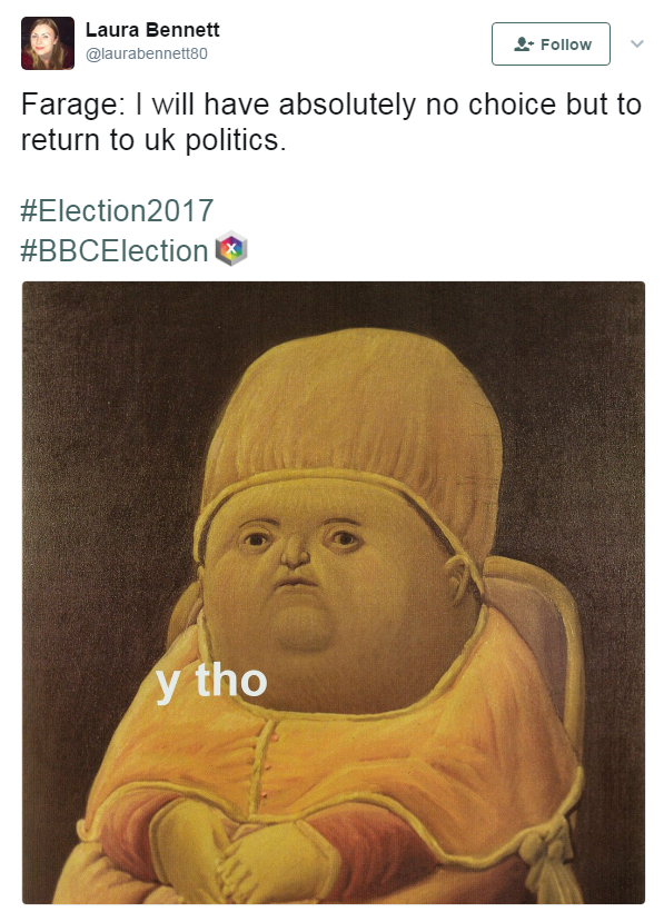 Meme, questioning why Farage has to return