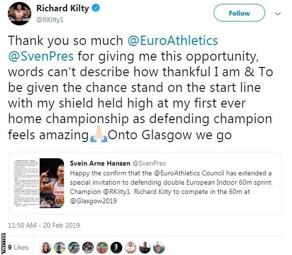 Richard Kilty's reaction on Twitter
