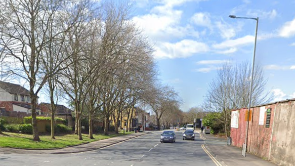 Two cars drive down tree-lined Fylde Road in Preston