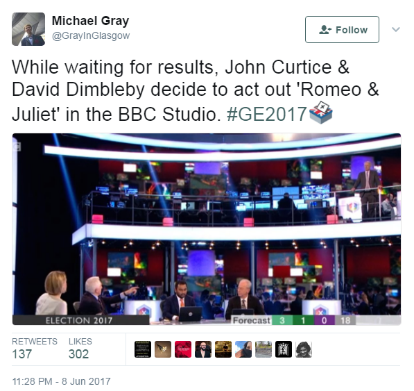 Tweet, saying that Curtice and Dimbleby are recreating Romeo and Juliet