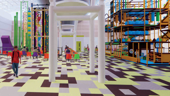 A computer-generated depiction of a brightly coloured climbing centre. A climbing wall can be seen to the left and a four-level soft play area with balls and punching bags are seen on the right. There are chairs and tables with visitors sat around.