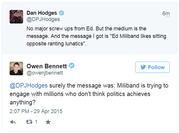 Tweets by Dan Hodges and Owen Bennett - 29 April 2015