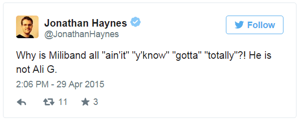 Tweet by Jonathan Haynes - 29 April 2015