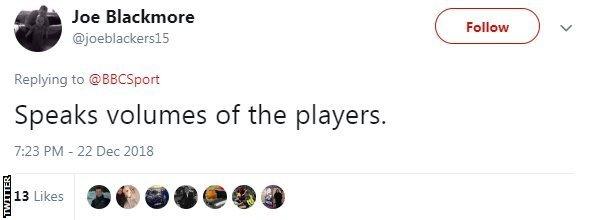 Tweet from Joe Blackmore saying 'Speaks volumes of the players'