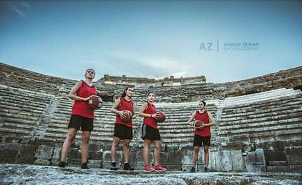 The photographer told these basketball players to wear uniforms with "Syria" written on them. "It was my idea," Zeinah says. "I used to photograph basketball and soccer teams here in Latakia before the crisis. I have friendships with players. I decided to take them to a Roman theatre near Latakia. My idea was to let people outside Syria know about real life here."